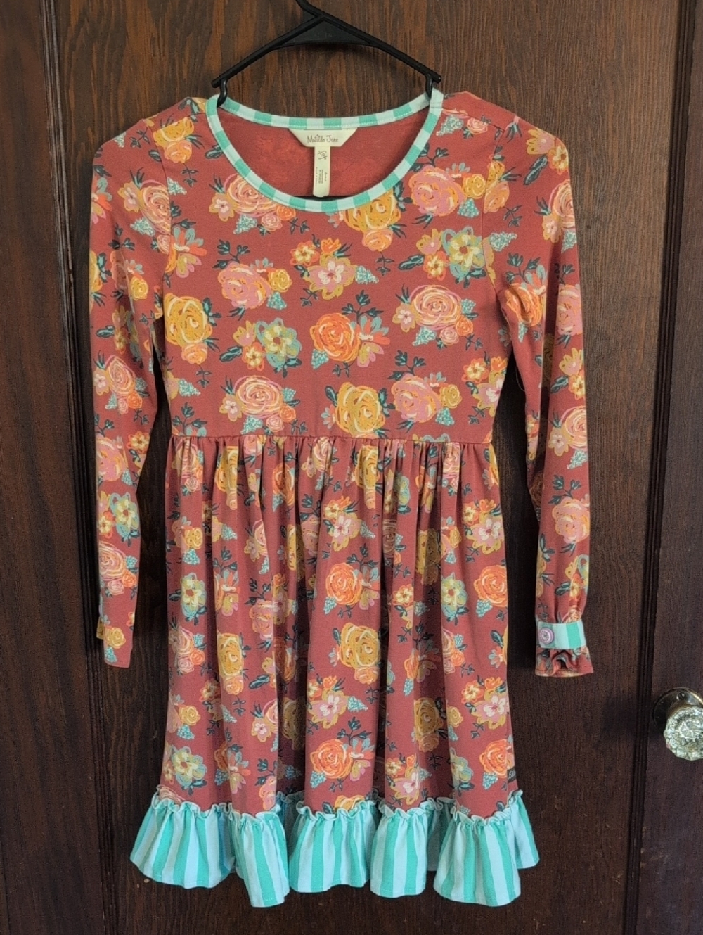 Matilda Jane Rosie Posie Rust Floral Long-Sleeve Dress with Teal Trim Size 10